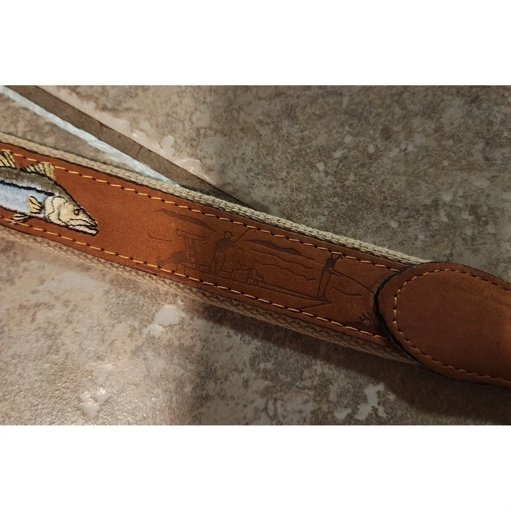 Zep-Pro Mens Fishing Belt Brown Leather Canvas Embroidered Snook Size 42 USA